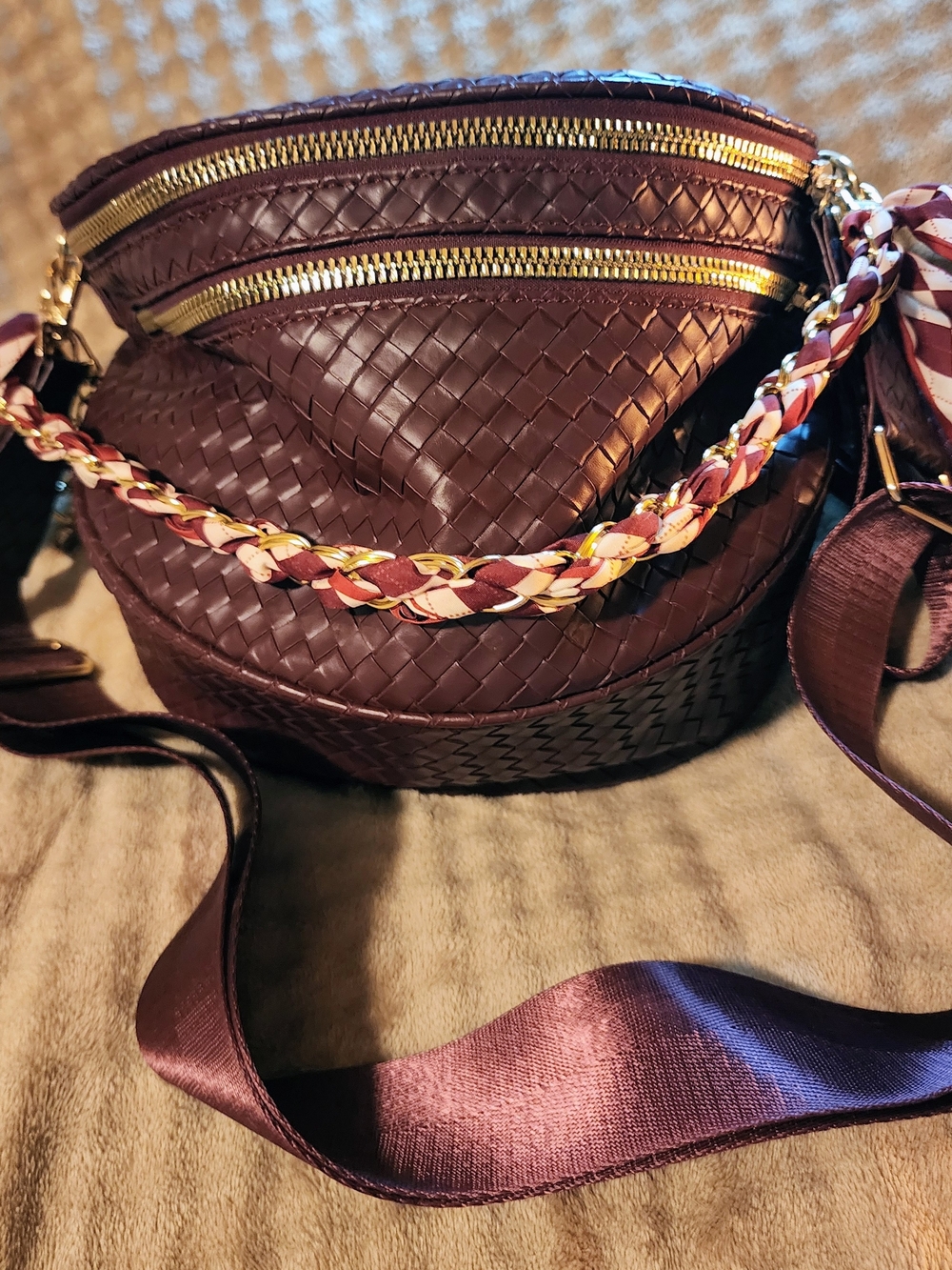 Emmafy Burgundy Woven Bum Bag Belt Bag Crossbody Gold Hardware and accent chain